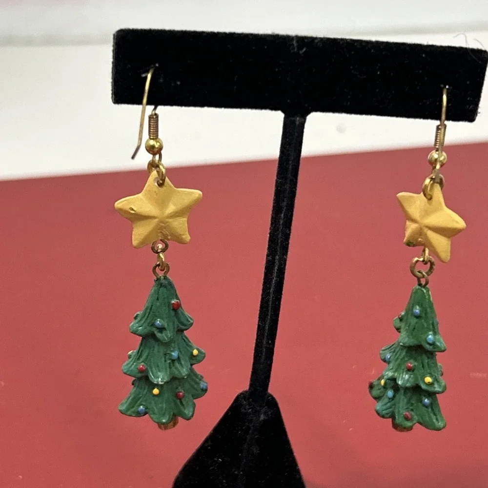 Vintage Yellow Star Green Christmas Tree Dangle‎ Hook Earrings